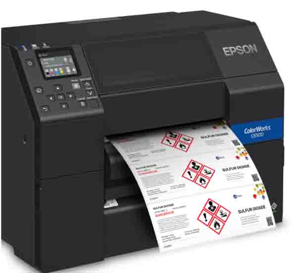 Etiketsofware til udskrivning på en farvestregkodeprinter. Der vises fareetiketter. Fra Etisoft Danmark